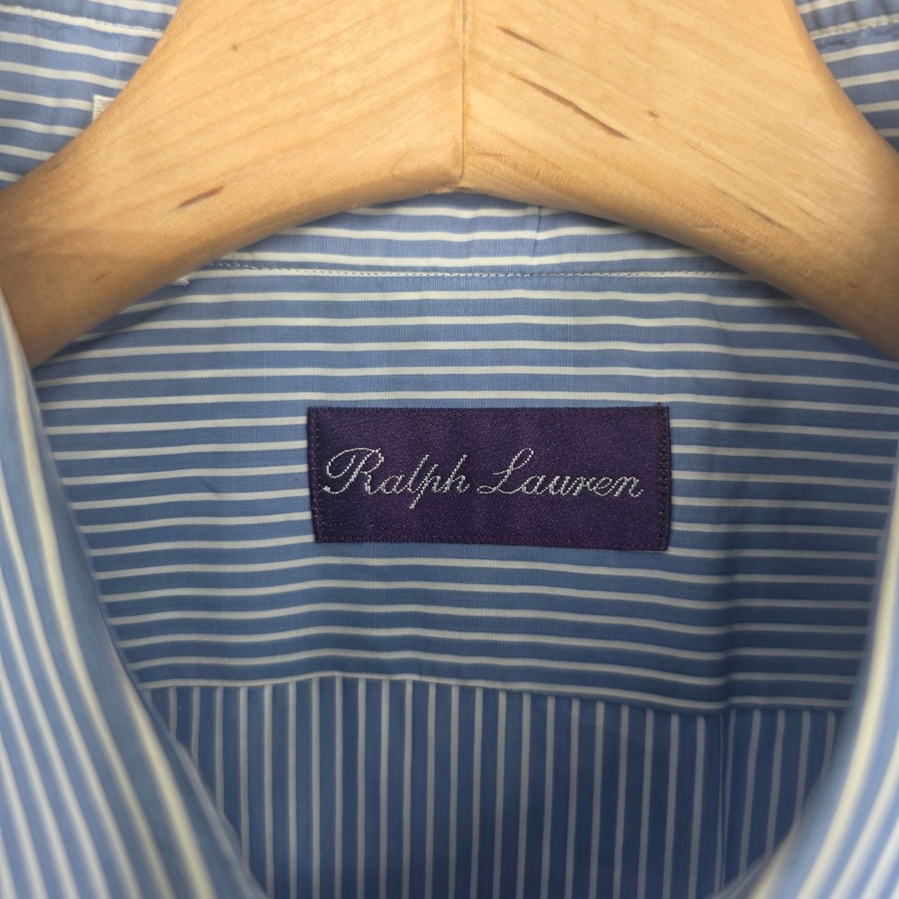 Ralph Lauren Purple Label Mens 17.5 Blue White Striped French Cuff Shirt Italy - Picture 2 of 8